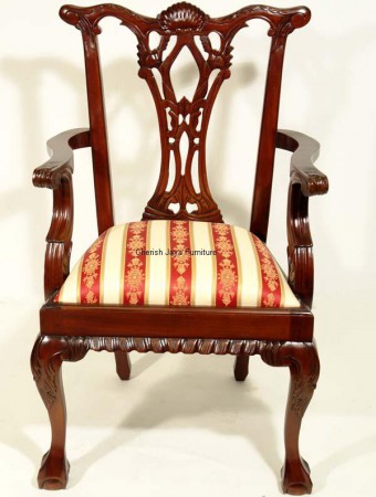 Code: CS 281-M Name: Chippendale Shell Back Chair Carver Size: W=58 x D=45 x H=100 cm Wood: Solid Mahogany With beautiful upholstery or on request any other type/color of upholstery.